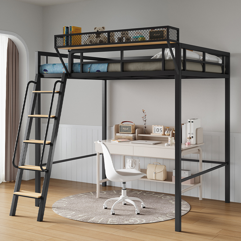 Space-Saving Wrought Iron Loft Bed with a Bunk Bed on the Second Floor, a Desk under the Bed, and a Suspended Loft Bed