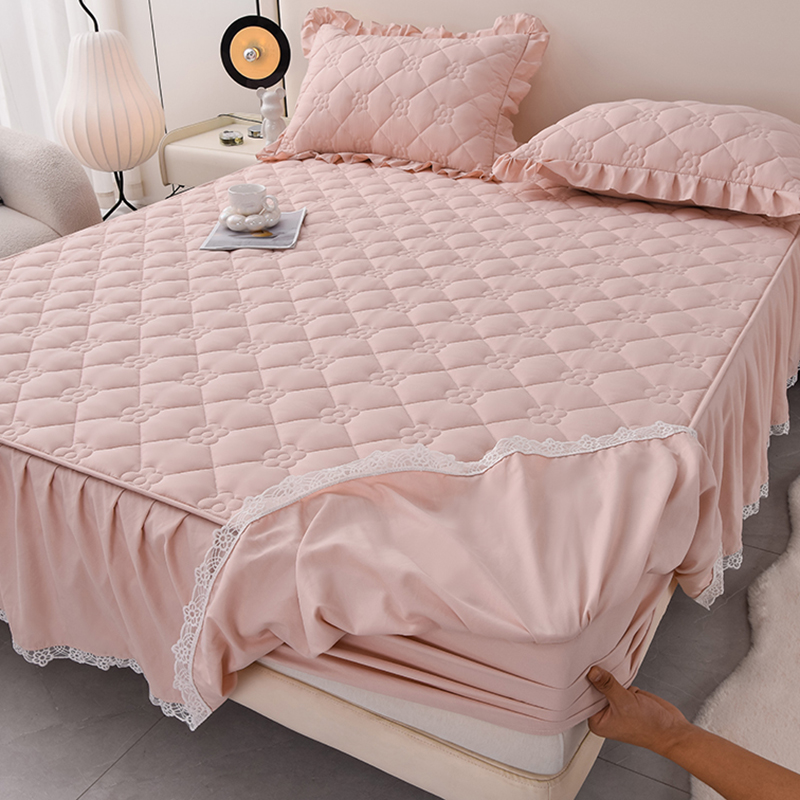 秋冬暖かいキルティングベッドシーツベッドスカートワンピース防塵フルカバーベッドスプレッド3点セットベッドシーツスカートエッジマットレスカバー付き