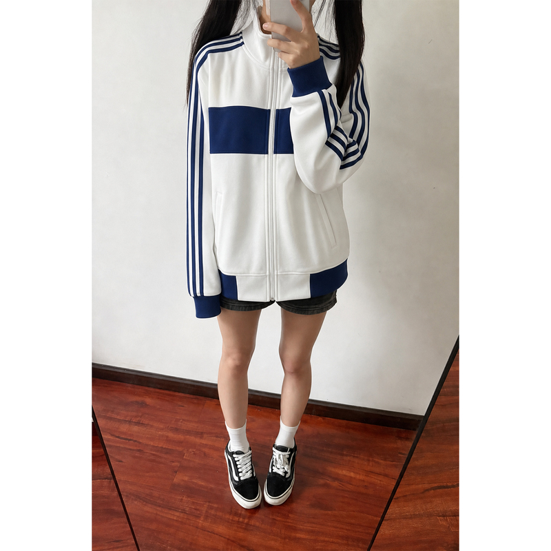 American-Style Trendy Brand White Three-Stripe Color-Block Stand-Up Collar Sweatshirt for Men and Women, Autumn Couple Design Cardigan Jacket Trendy
