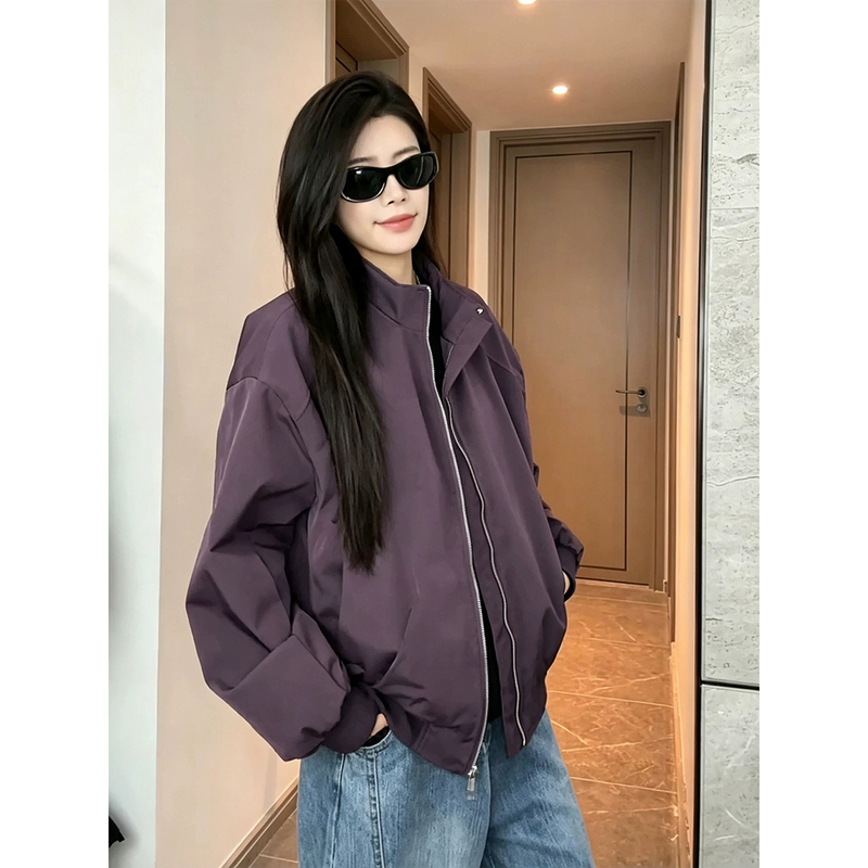 Purple American-Style Bomber Jacket for Men, Autumn Softshell Stand-Collar Short Baseball Jacket Purple American-Style Bomber Jacket for Men, Autumn Softshell Stand-Collar Short Baseball Jacket