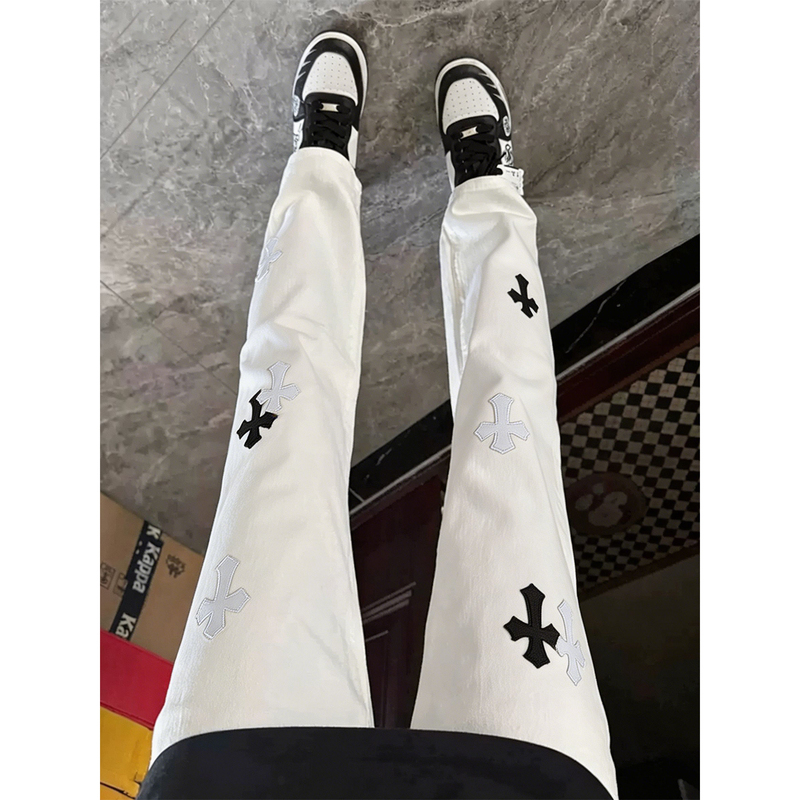 American High Street Cross-Stitch Embroidered Leather Jeans for Men, Summer Thin Style, Trendy Brand, Slimming and Height-Enhancing, Slightly Flared Long Pants