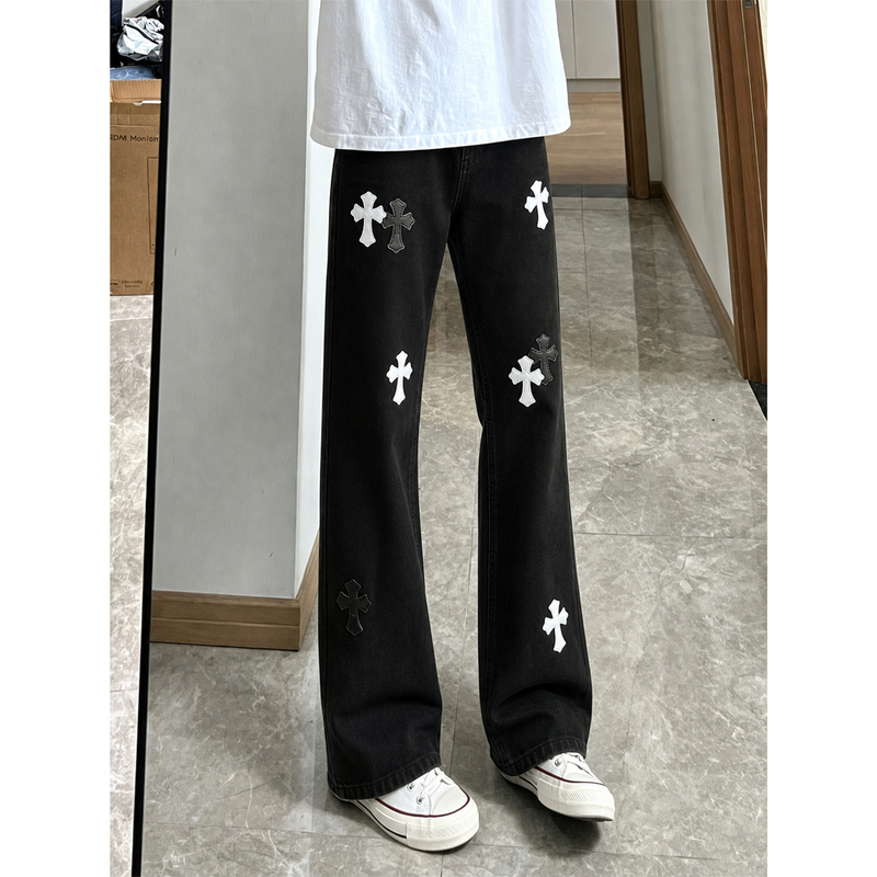 American High Street Style Cross Embroidery Jeans for Men, New Autumn Trendy Brand Slim Straight-Leg Flared Pants