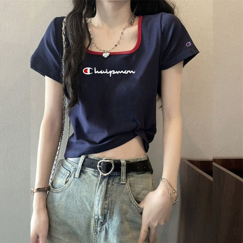 Summer Short-Sleeve T-Shirt for Women, Champion Style, Color-Blocked U-Neck, Slightly Sexy, Slim-Fit, Short, Unique, Slimming, Color-Blocked Top, Trendy for Women