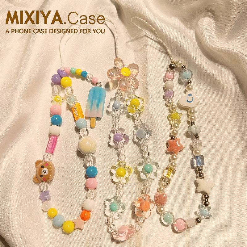 Creative chain phone case with chain loop, girly ins style accessories, beaded DIY bracelet, patch pendant, cute creative tulip lanyard, keychain, crystal CCD handmade pendant.