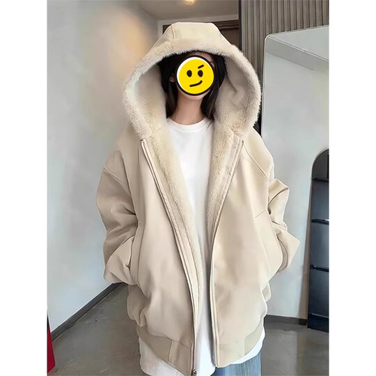 Douyin's same style velvet thickened hooded cotton jacket