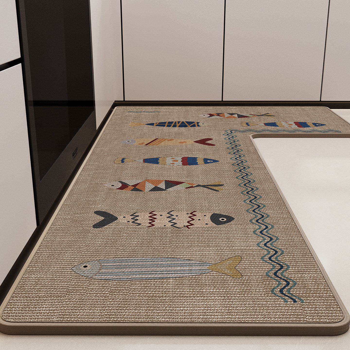 L shaped foot mat linen woven kitchen floor mat cartoon