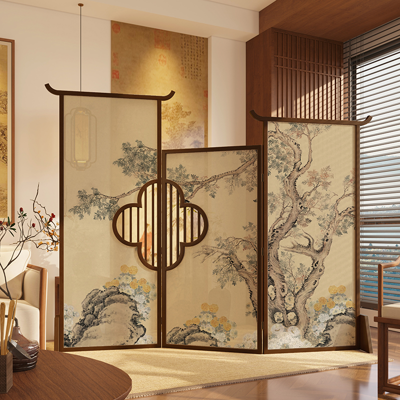 New Chinese-Style Folding Screen for Entryway Partition, Song-Style Aesthetic Tea Room Clubhouse Retro-Style Background Decoration
