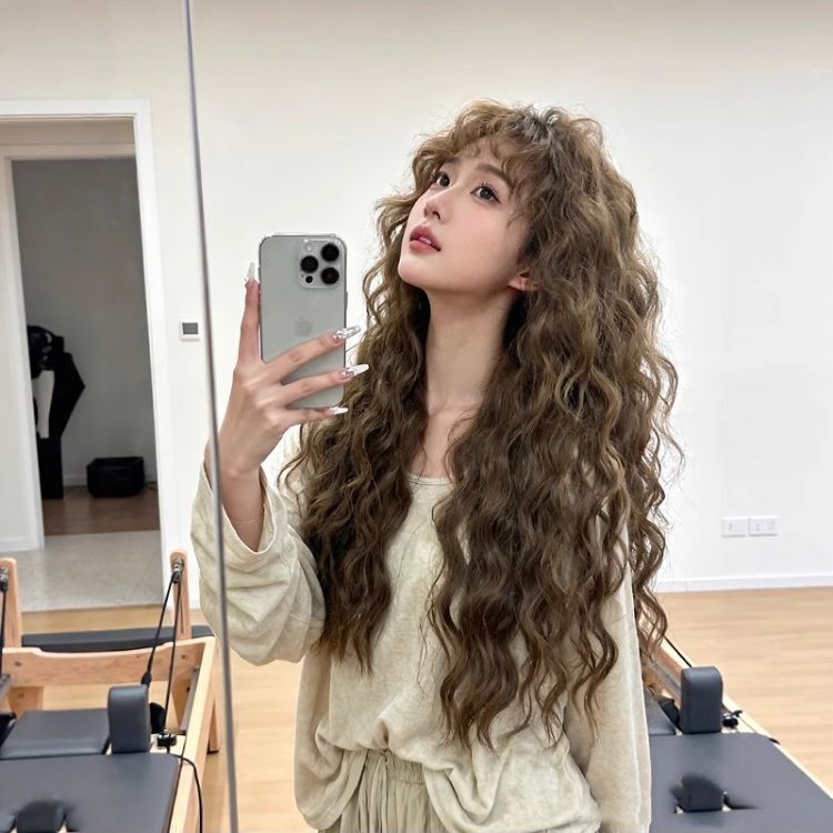 Wig for Women, Korean Style, Wool Curls, Bangs, Long Curly Hair, Linen Brown, Egg Roll, Everyday, Realistic Human Hair, Full Head Wig