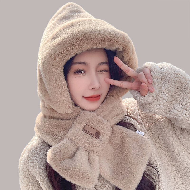 Scarf hat integrated autumn and winter warm plush thickened imitation rabbit fur cute protective ear hat 2023 new woman-Taobao