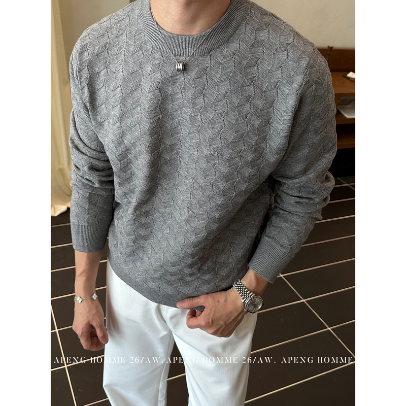 Apeng Autumn High-End Diamond-Shaped Patterned Texture Round-Neck Long-Sleeved Sweater Knitwear # 2806A