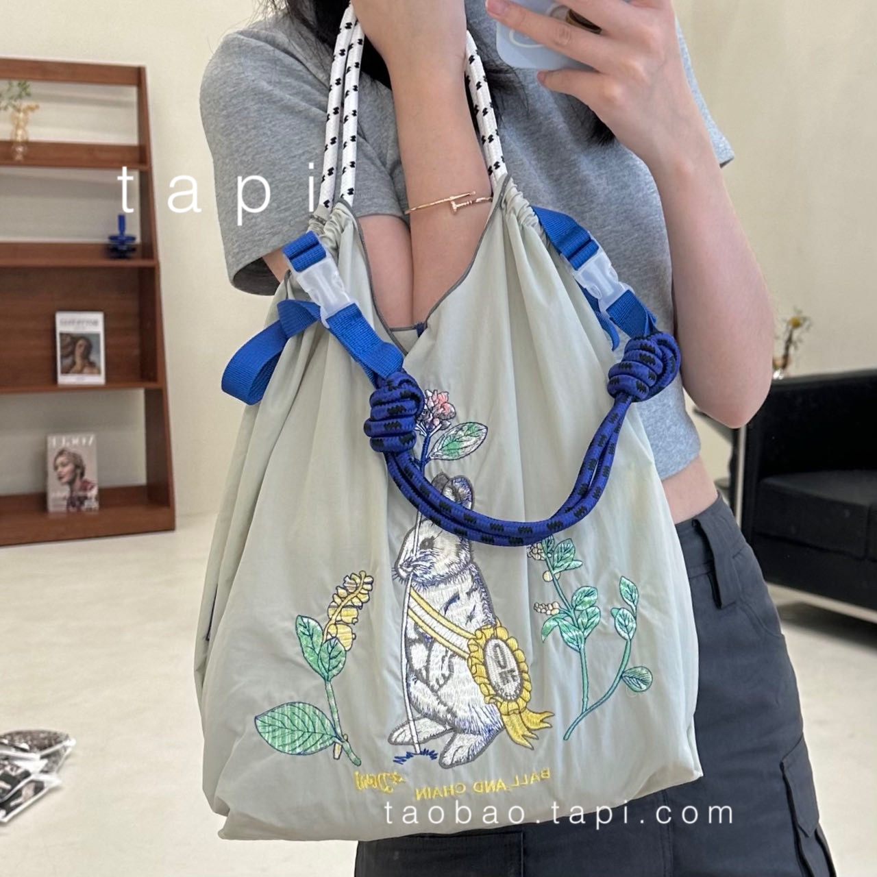 高圆圆同款勋章兔小众日系环保布袋刺绣尼龙购物袋手提单肩包