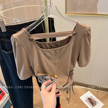 Square neck beautiful back drawstring short-sleeved T-shirt womens summer wear 2024 new style French sweet temperament waist beautiful short top