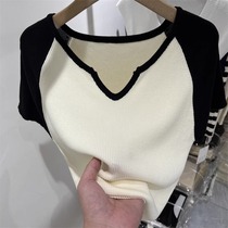 Color V - collar knit T - shirt girl 2024 summer new menu short - shaped little boy coat