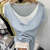Designed thin ice silk knitted short-sleeved T-shirt for women 2024 summer new style fake two-piece T-shirt slim short top