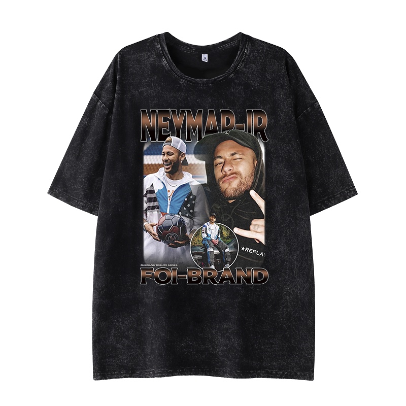 Neymar American Retro Distressed Washed Print Short-Sleeved Loose Casual Spring and Summer High Street Fashion Football Star T-Shirt