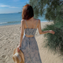 Broken Flower Hanging with Skirt Beach Seaside Holiday Dew back Liandress Trinity Travel Act style small crowd Slim Sexy Beach Dress