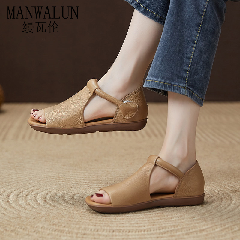 Manwalen First-Layer Cowhide Fish-Mouth Roman Sandals for Women 2026 Summer New Style Comfortable Soft-Soled Flat Open-Toe Sandals Manwalen First-Layer Cowhide Fish-Mouth Roman Sandals for Women 2026 Summer New Style Comfortable Soft-Soled Flat Open-Toe Sandals