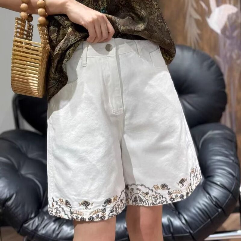 European Summer Thin White Denim Shorts Bohemian Ethnic Style Embroidered Straight-Leg Shorts Four-Quarter Length Trendy Shorts