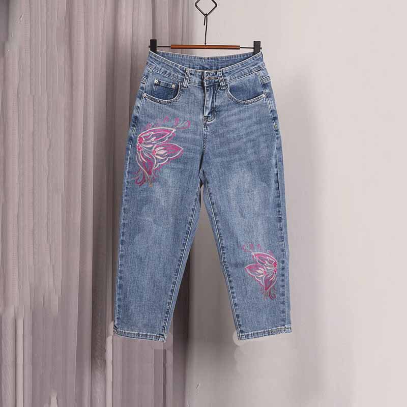 High-Waisted Casual Slimming Denim Capri Pants for Women, 2023 Summer New Style, Pink Butterfly Embroidery, Skinny Harem Pants, Thin