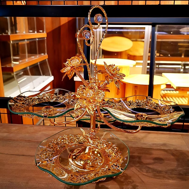 European-Style Luxury Fruit Plate for Home Use in the Living Room, Creative Multi-Layered Tea Table Display, Golden Glass Fruit Tray Decoration
