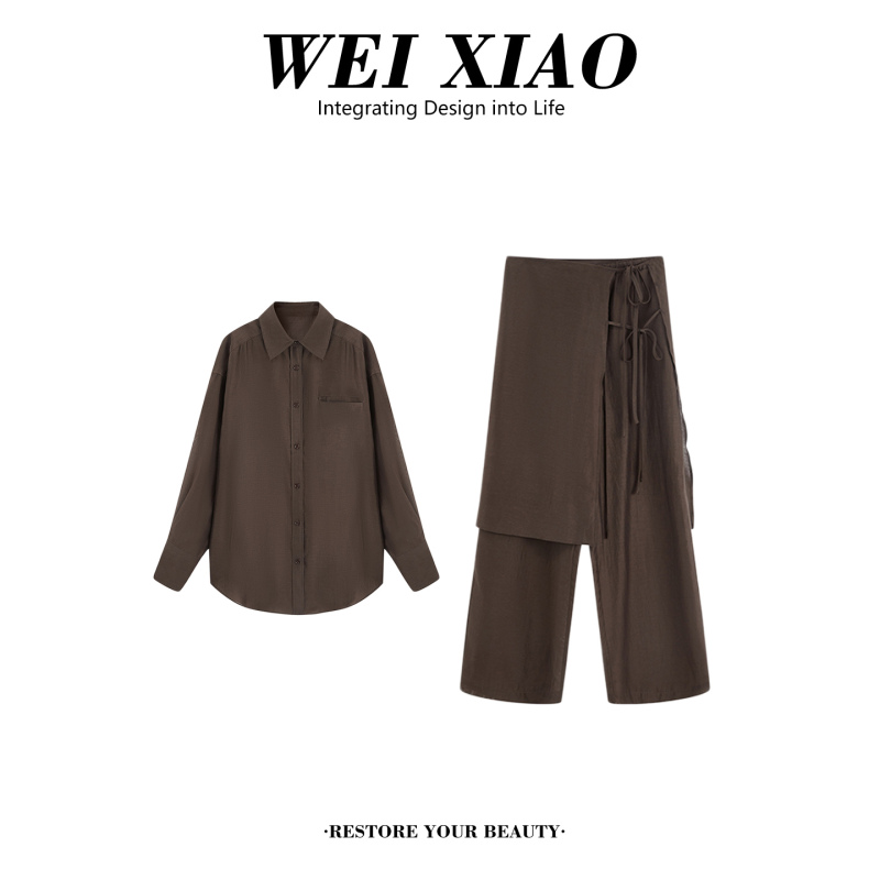 Coffee-Colored Loose-Fitting Lazy Style Shirt for Women, Summer Old Money Style Fashion Set, Casual Wide-Leg Long Pants Two-Piece Set