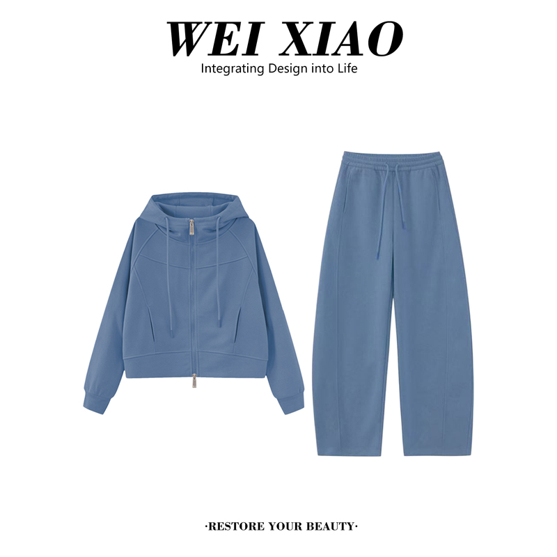 2026 Spring and Autumn New Style Hooded Long Sleeve Jacket + Casual Wide Leg Pants Set for Women, Light Mature Style, Simple Two-Piece Set