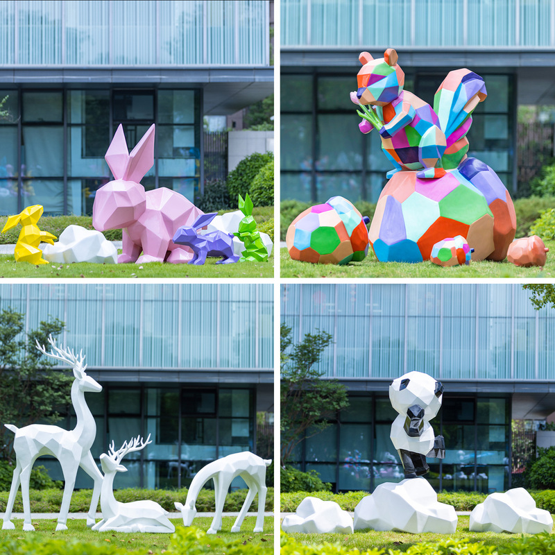 Outdoor Geometric Rabbit, Sika Deer, Sculpture, Fiberglass Squirrel, Panda, Garden Landscape, Community Lawn Decoration Ornaments