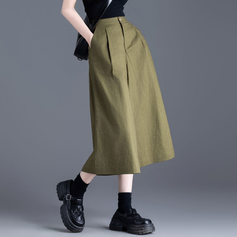 Spring and Summer New High-End Linen Wide-Leg Pants for Women, Thin Cotton-Linen Pants, Casual Women's Pants, Straight High-Waisted Culottes, Three-Quarter Length