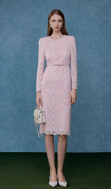Mozuo's New 2026 Soft Mist Pink Three-Dimensional Floral Lace Dress with Exquisite Beading and Long Sleeves, Waist-Cinching Design Mozuo's New 2026 Soft Mist Pink Three-Dimensional Floral Lace Dress with Exquisite Beading and Long Sleeves, Waist-Cinching Design