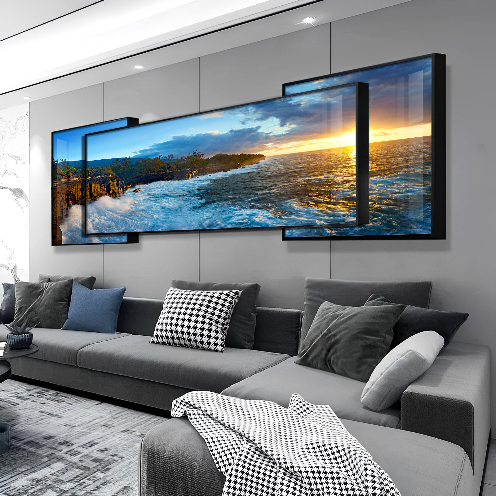 Текущая вода зарабатывает деньги на украшении гостиной росписью в стиле современного минимализма с наложенной росписью на фоне дивана, настенной росписи с морским пейзажем. Изображение 1