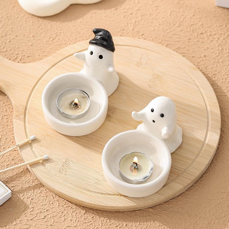 Cute Ghost Ceramic Candle Holder Ornaments for Home Dining Table Aromatherapy Candle Holder Halloween Cartoon Decoration Props