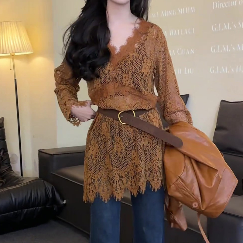 Fashionable Lace Layered V-Neck Lace Mid-Length Simple and Stylish Round-Neck Jacquard Hollow-Out Exquisite Top Trendy