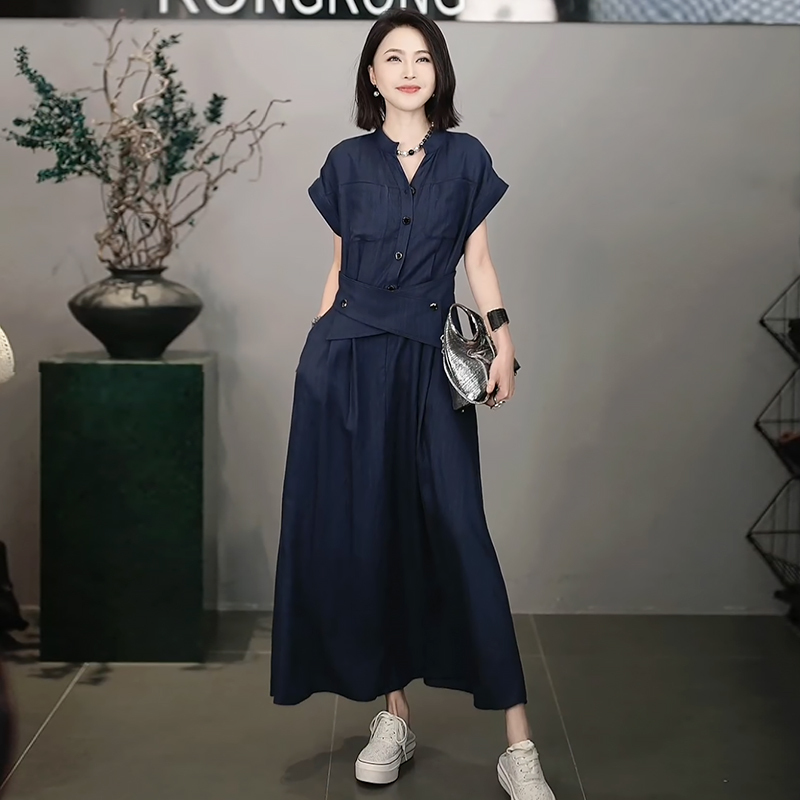 Rongrong Pure Desire Style Lyocell Linen Blend Minimalist Workwear Style Dress F-B0077