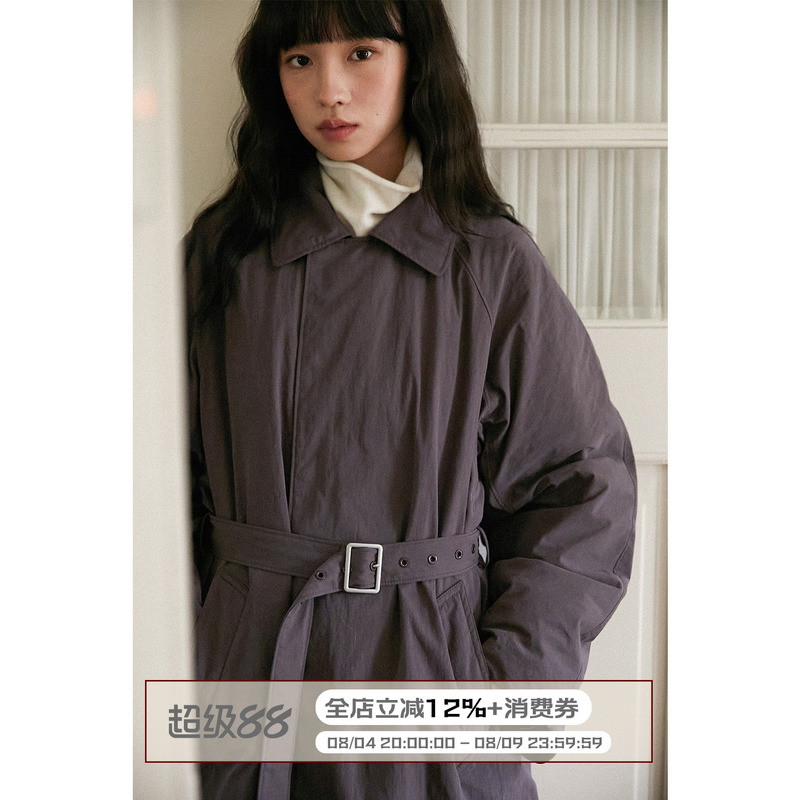 Lbaoraw Purple-Gray Stand-Up Collar Trench Coat with Cotton Feel, Belted Waist, Long down Jacket Lbaoraw Purple-Gray Stand-Up Collar Trench Coat with Cotton Feel, Belted Waist, Long down Jacket