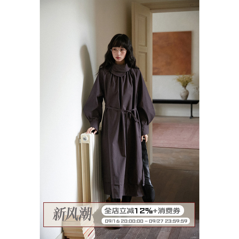 Lbaoraw Dark Brown Floral Neckline Design Loose Elegant Pleated Dress Women's Autumn and Winter Belted Long Skirt Lbaoraw Dark Brown Floral Neckline Design Loose Elegant Pleated Dress Women's Autumn and Winter Belted Long Skirt
