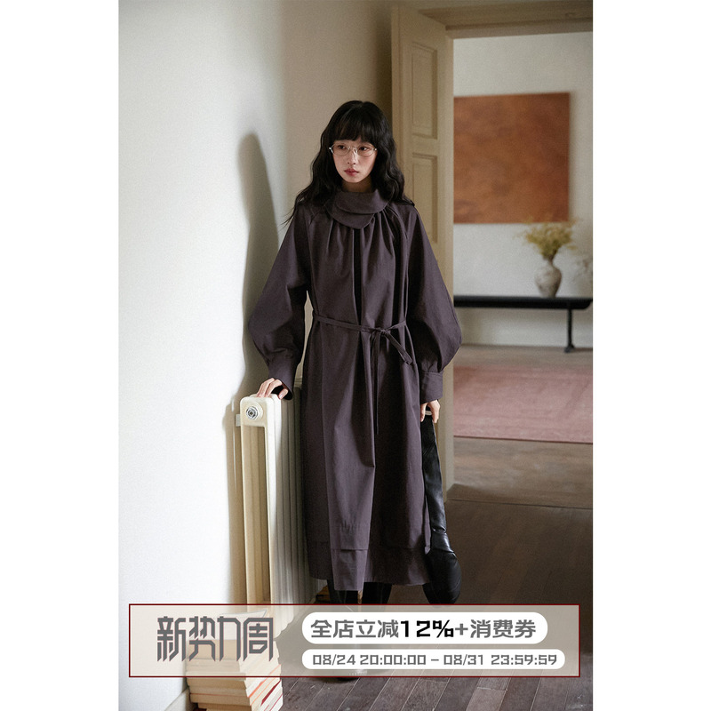 Lbaoraw Floral Neckline Design Loose-Fitting Elegant Pleated Dress with Belt Long Style