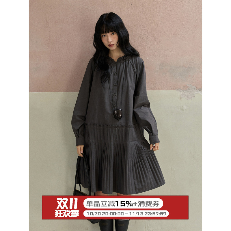 Lbaoraw Dark Gray Pleated Long-Sleeved Dress for Women, Autumn High-Waisted Mid-Length Loose Casual Elegant A-Line Skirt