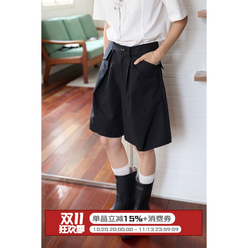 Lbaoraw Summer Black Three-Dimensional Pocket Design Five-Point Wide-Leg Shorts for Women