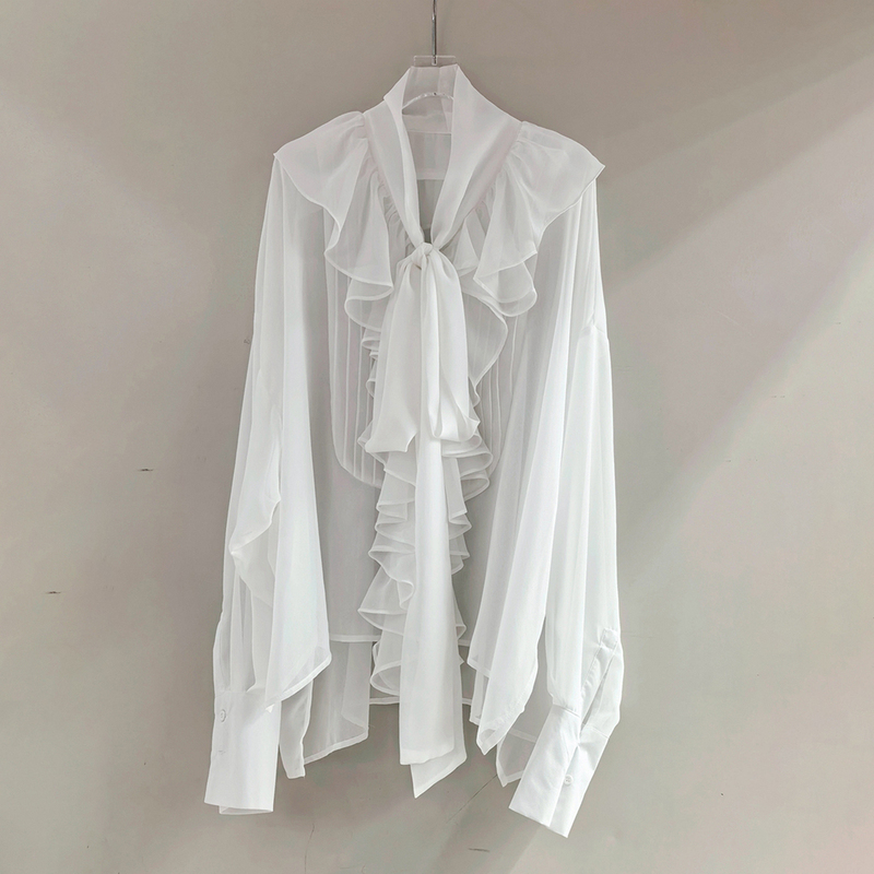 Romantic Retro Style Ruffled Sheer White Long-Sleeve Shirt Top with Bow Tie, Simple Shirt for Layering, Trendy