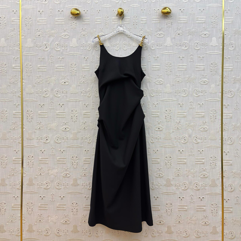Light Luxury Style Black Metal Chain Suspender Dress 2026 Summer Hot-Selling Item, Elegant Irregular Pleated U-Neck Long Dress