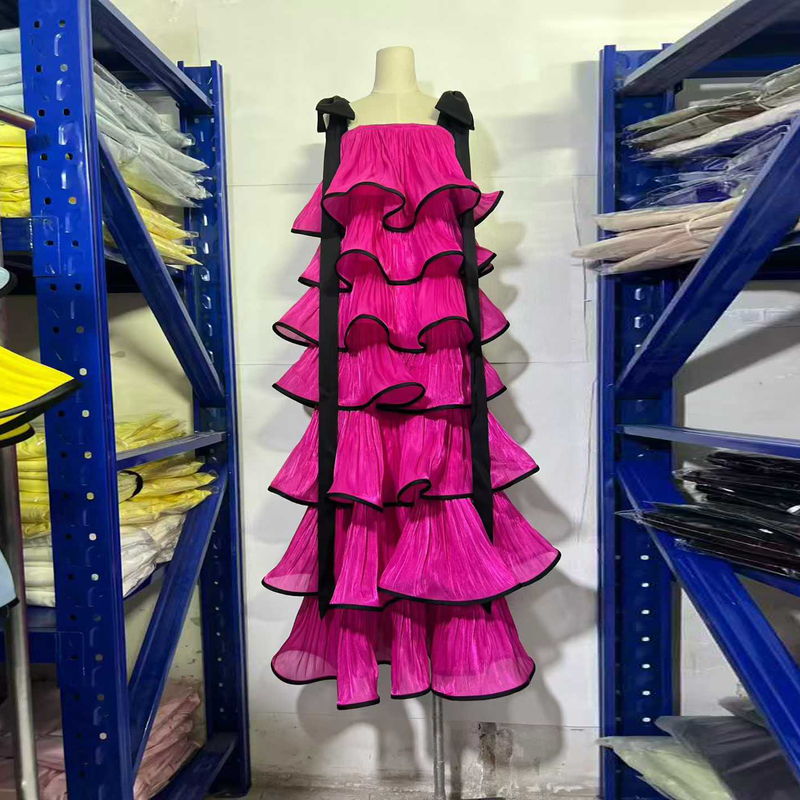 European and American Style Cross-Border Fashion Slimming Elegant Dress, Rich Lady Style Tie-Up Strap Heavy-Duty Ruffle Long Dress