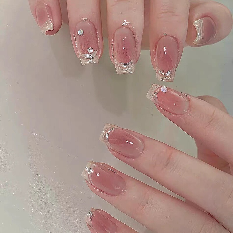 French-Style Blush Nail Art, Handmade Wearable Nails, Short Style, Brightening Effect, Wedding Nails, Finished Nail Art, Fake Nail Patches, 2026