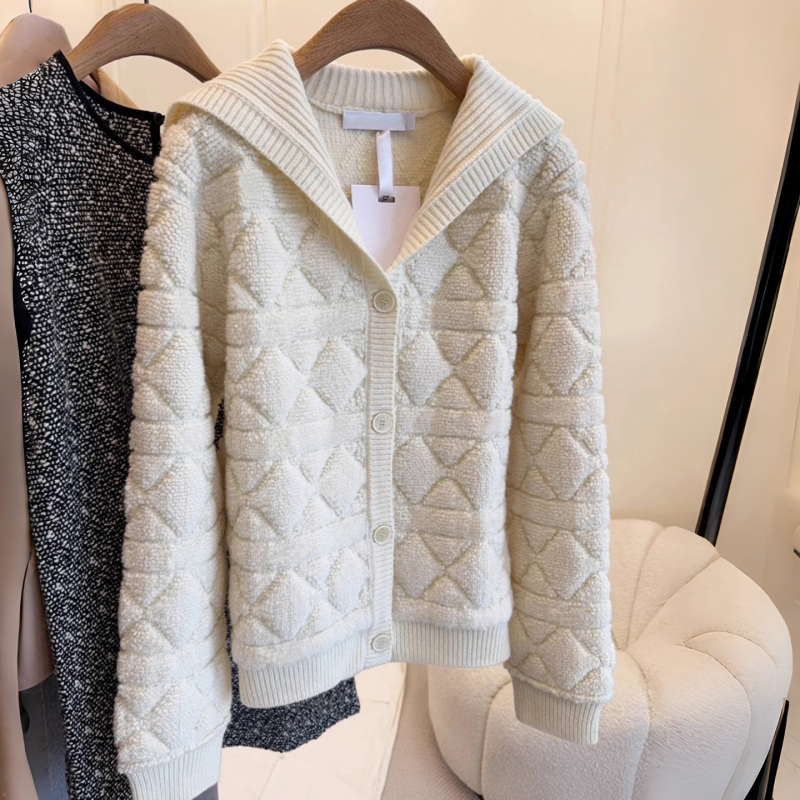 Non-Market Goods~Shenzhen Nanyou High-End Classic Style Cannage Pattern Navy Collar Long-Sleeve Cardigan Loose Slimming Jacket Non-Market Goods~Shenzhen Nanyou High-End Classic Style Cannage Pattern Navy Collar Long-Sleeve Cardigan Loose Slimming Jacket