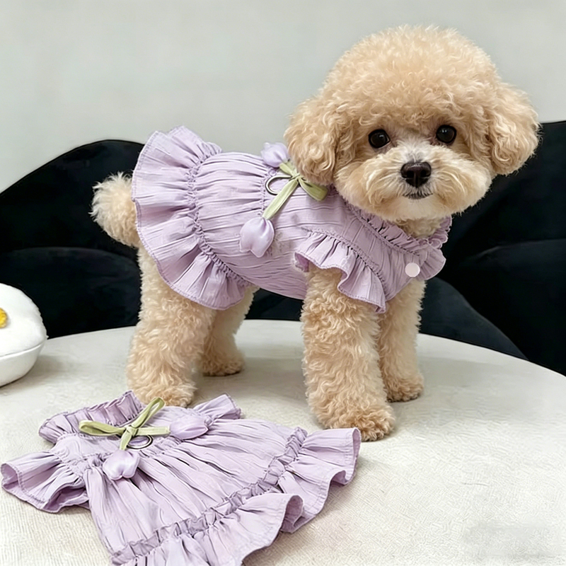 Teddy Dog Clothes Spring and Summer New Trendy Stylish Flutter Sleeve Dress Bichon Schnauzer Princess Dress