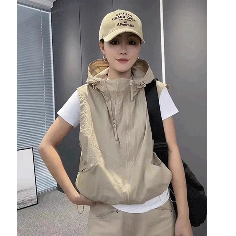 Summer Thin Hooded Vest for Women 2024 New Breathable Korean Style Loose Slimming Double Zipper Casual Vest Jacket