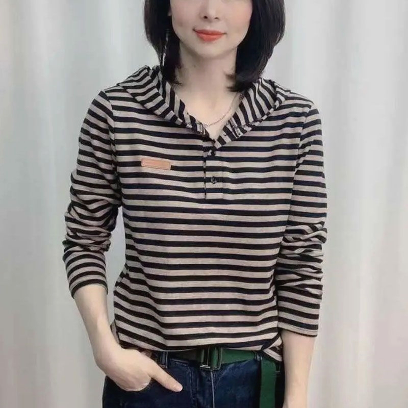 Long-Sleeve Pure Cotton Hooded T-Shirt, 2023 New Spring and Autumn Short Casual Versatile Slimming Striped Base Layer