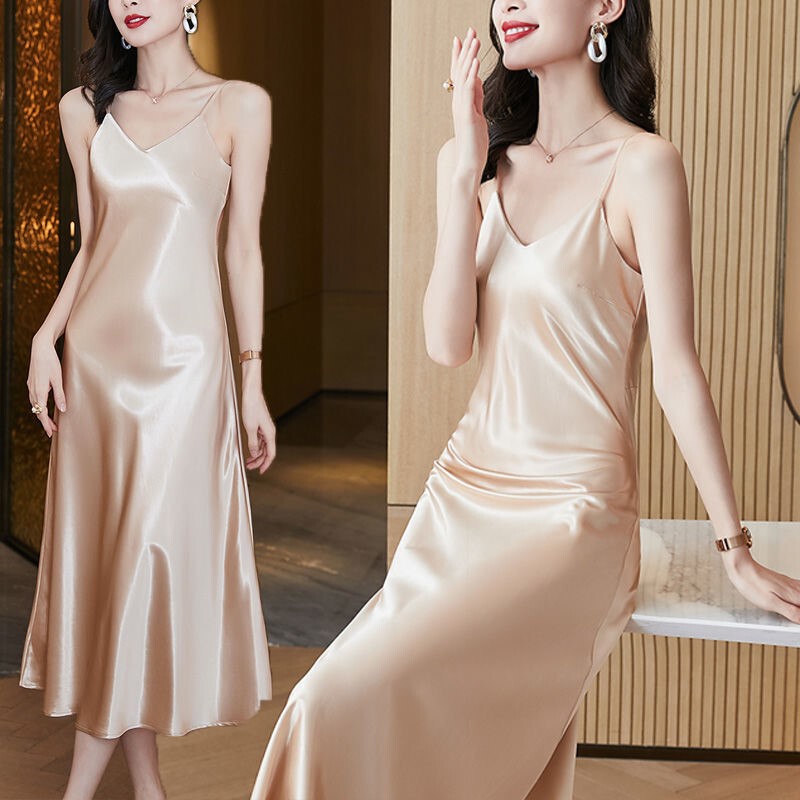 2023 New Korean Style Elegant V-Neck Satin Drape Mid-Length Slip Dress for Women Special Price Version 2023 New Korean Style Elegant V-Neck Satin Drape Mid-Length Slip Dress for Women Special Price Version