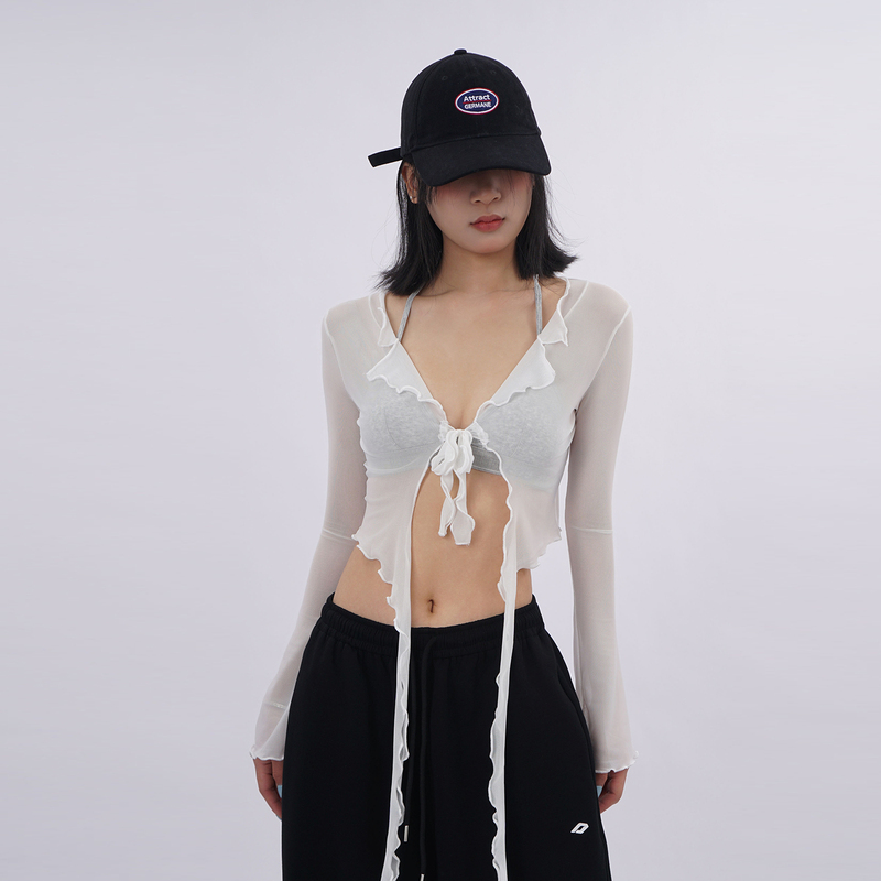 White Mesh Sun Protection Blouse for Women, Short Style with Knotted Tie, Sexy Cardigan, Jazz-Style Waist Tie, Layered Look, Trendy White Mesh Sun Protection Blouse for Women, Short Style with Knotted Tie, Sexy Cardigan, Jazz-Style Waist Tie, Layered Look, Trendy
