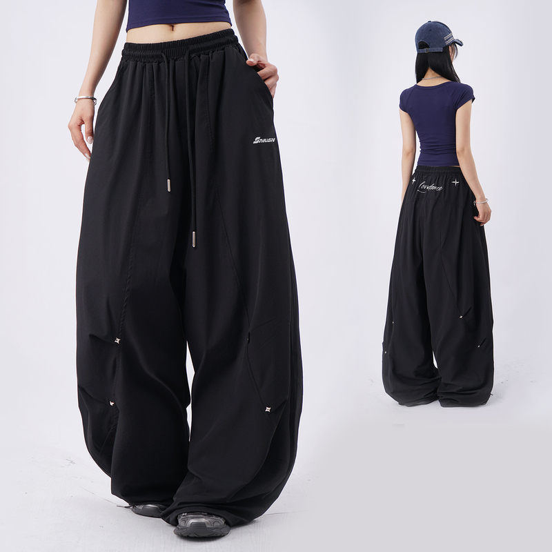 American-Style Letter Print Star Black Pleated Quick-Dry Cargo Pants Loose Design Hip-Hop Wide-Leg Sports Pants