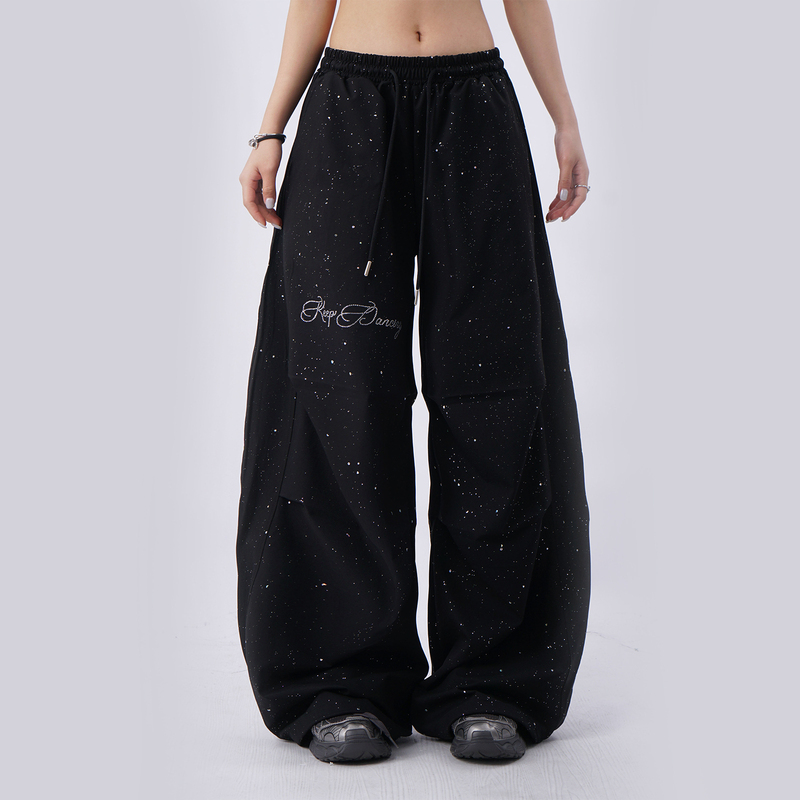Black Sporty Cargo Pants with Rhinestones and Fine Glitter, Loose Pleated Wide-Leg Pants, Hip-Hop Jazz Jogger Pants